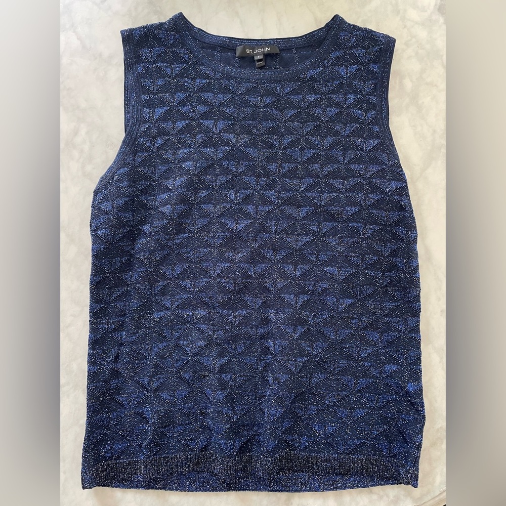 ST. JOHN KNIT DESIGNER WOMENS SWEATER VEST NAVY SIZE PETITE SLEEVELESS BLUE